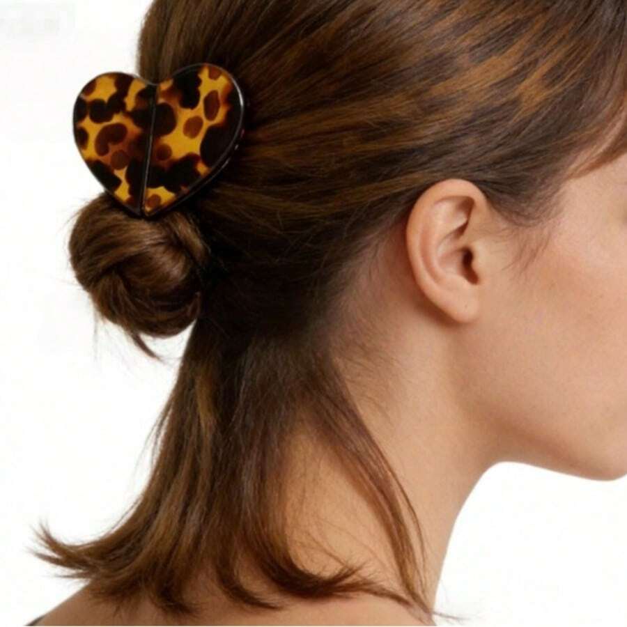 Women's Heart-Shaped Magnetic Hair Clips - Acetate Fiber Seamless Hair Accessories, Leopard Print And Solid Color Hair Clips Suitable For Buns And Chignons, An Ideal Gift - Multicolor - View 1