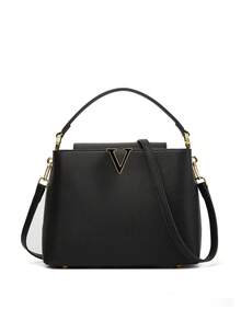 女士手提包，经典顶部提手包，时尚斜挎包，配有可拆卸肩带，V形装饰和金色五金配件 - 黑色 - 查看 5