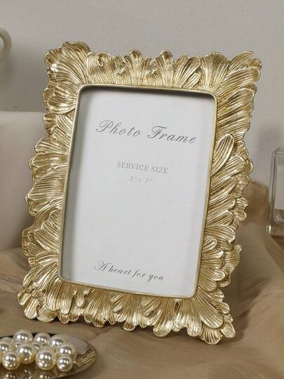 1pc Gold-Color Photo Frame, Handmade Resin Material With Succulent Plant And Golden Palm Leaf Texture, Elegant Retro Design, Home Decor Frame For Wall Or Tabletop Display