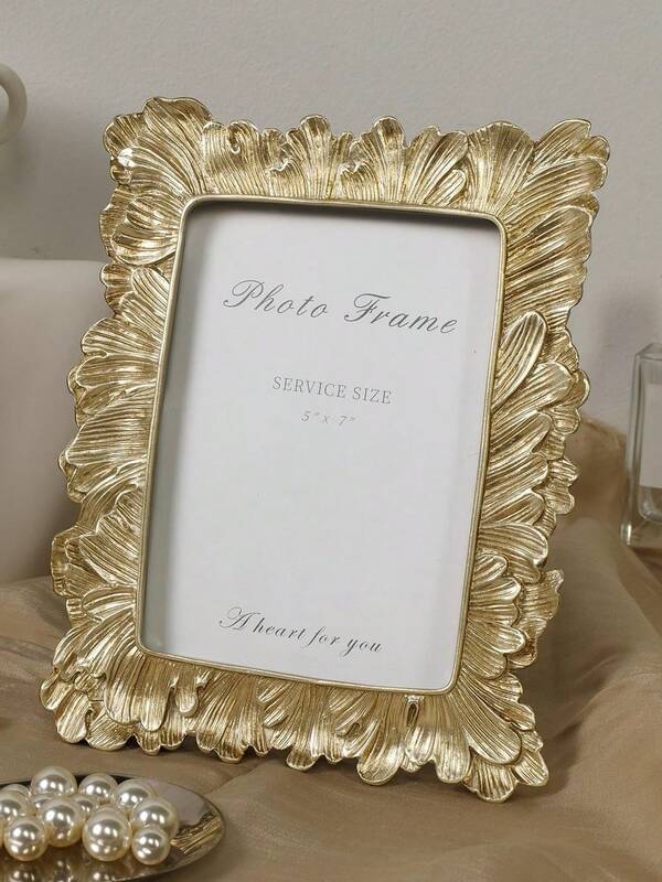 1pc Gold-Color Photo Frame, Handmade Resin Material With Succulent Plant And Golden Palm Leaf Texture, Elegant Retro Design, Home Decor Frame For Wall Or Tabletop Display