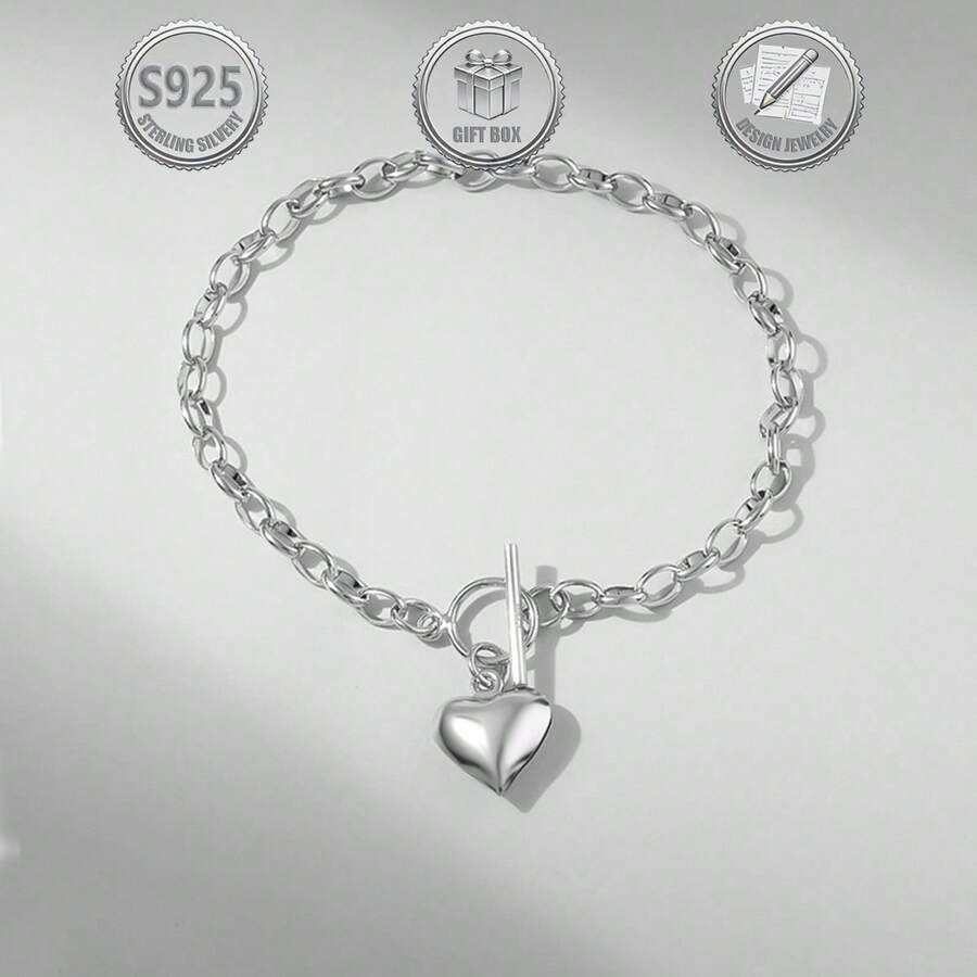 1件优雅简约甜美个性化时尚亮面心形吊坠925银低过敏性女士手链，适合日常、派对、节日、约会、礼物 - 銀色 - 查看 1