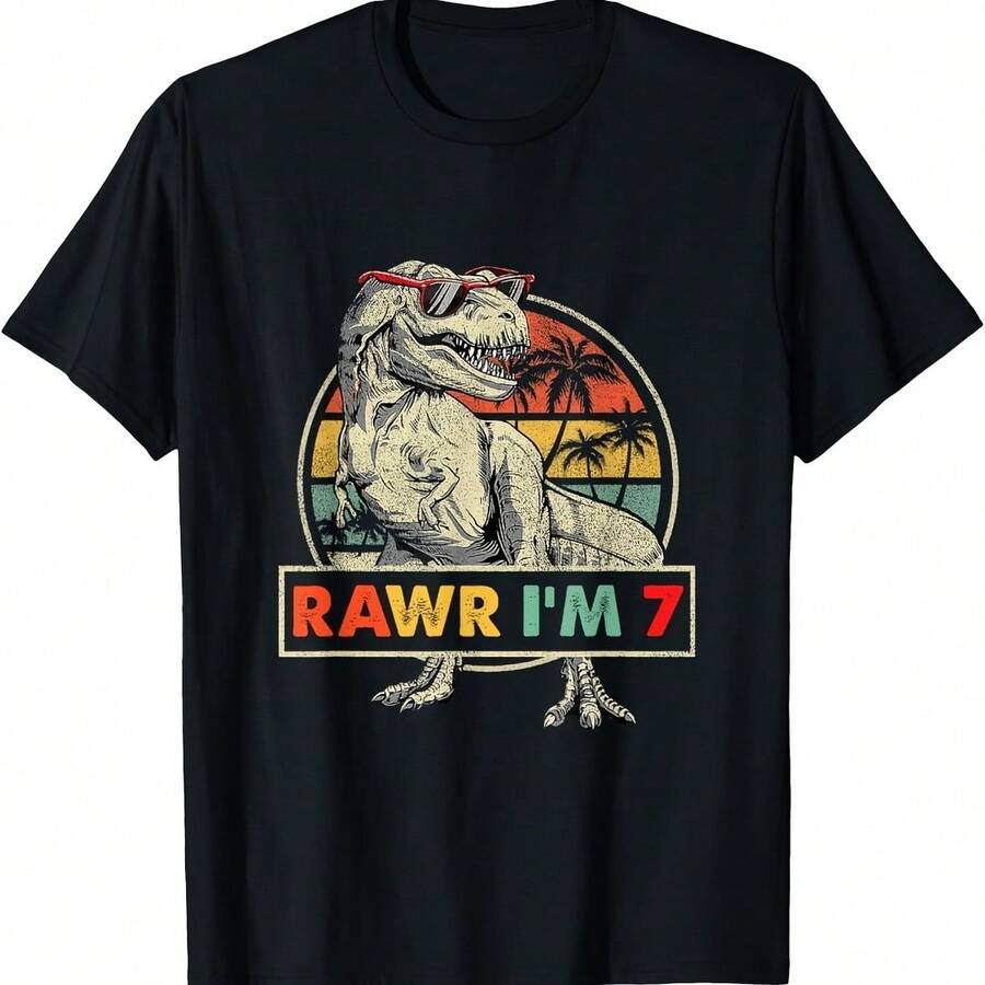 Vintage 7th Birthday Boy Dinosaur T-Rex Birthday Boy Retro T-Shirt - Yellow - View 1
