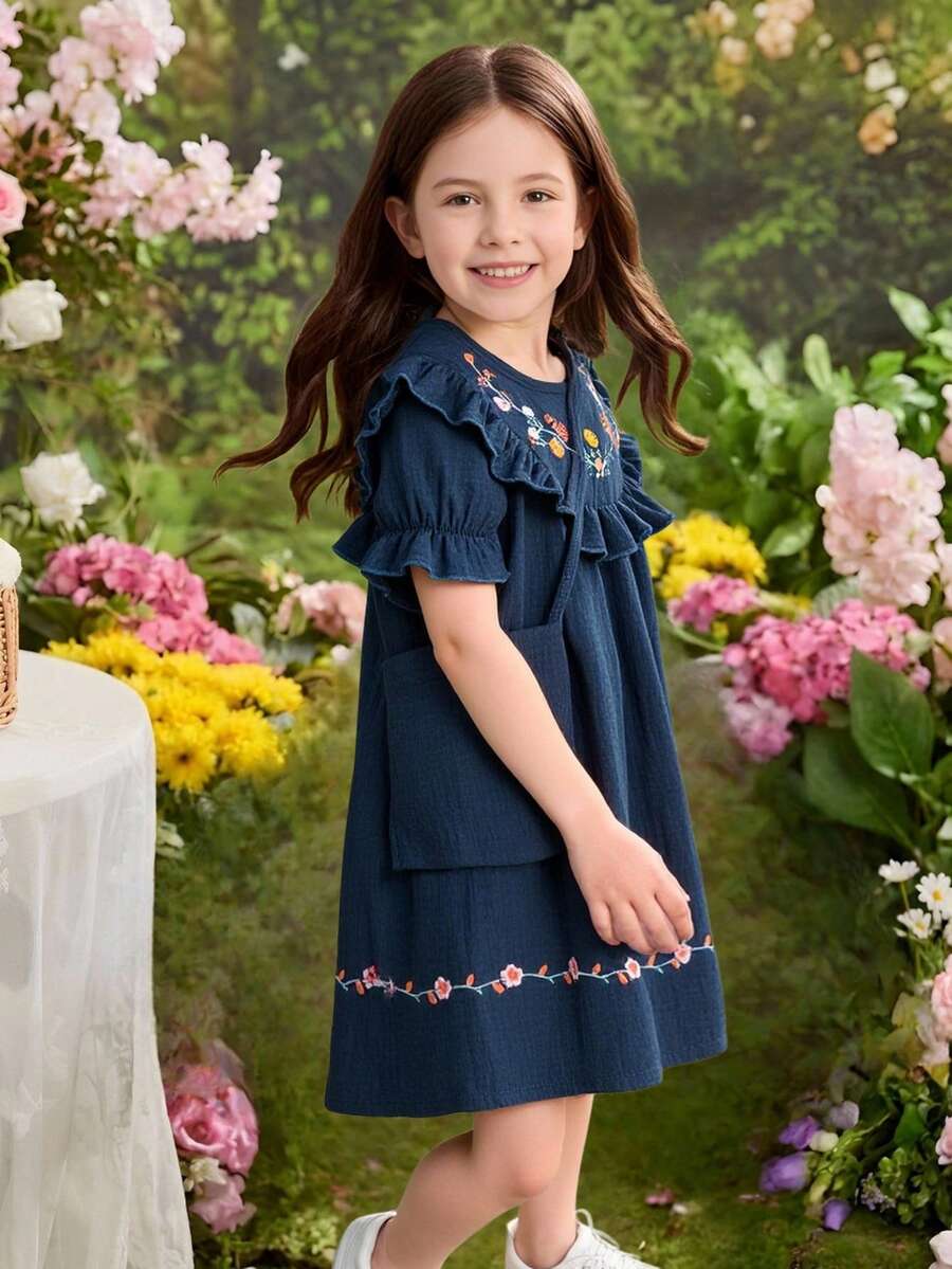 فستان صيفي أنيق للفتيات مع تطريز زهري وكشكشة، أكمام قصيرة + حقيبة كروس بودي للزينة، مناسب للاستخدام اليومي، الخارج، المدرسة، التنقل، العطلات - أزرق غامق - مشاهدة 1