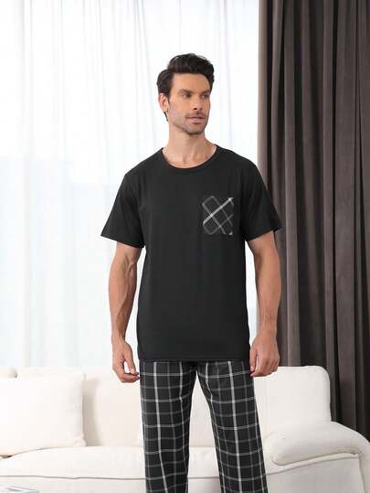 Conjunto de pijama masculino casual de 2 peças, composto por calça comprida e manga curta, ideal para a primavera/verão.