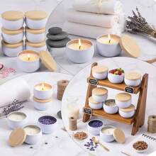 70件套便携式蜡烛制作工具套装，是业余爱好者和初学者的理想之选，非常适合制作派对礼品、节日装饰、季节性装饰品和礼物。套装包含16个空蜡烛罐、16个烛芯座、18根蜡烛芯和20张贴纸。 - W - 查看 5