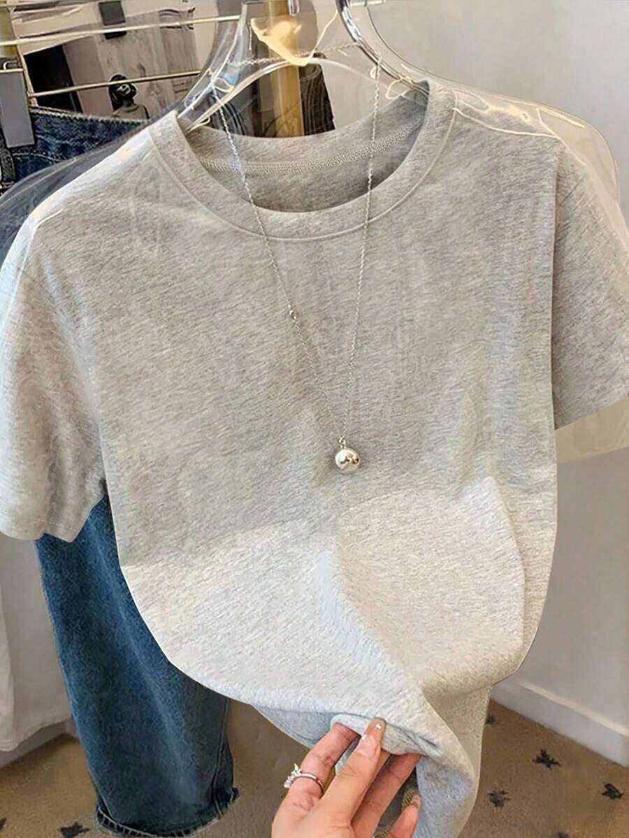 FNI Fusion Women' Plain Casual Versatile Crew Neck Short Sleeve T-ShirtOversized Casual Going Out Tops Women, Perfect - 淺灰色 - 查看 1
