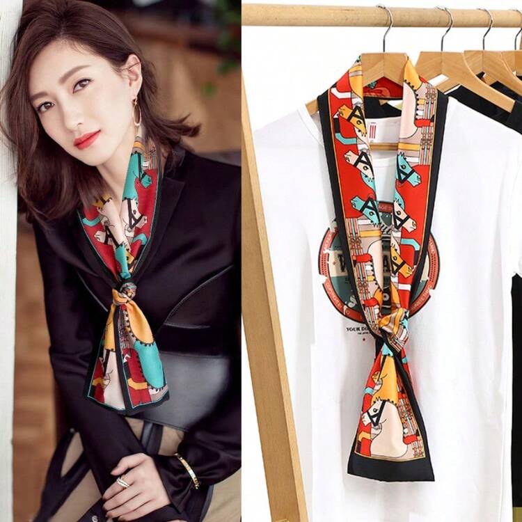 2023 New Yao Chen Same Thin And Narrow Long Small Silk Scarf Women's Spring And Autumn Style Foreign Fashion Versatile Decorative Scarf Scarf - 145#法式黑底圓點 - 查看 1