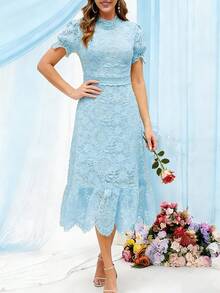 Vestido de festa feminino elegante com renda bordada e mangas curtas, ideal para damas de honra, coquetéis e celebrações. - Azul - Ver 3