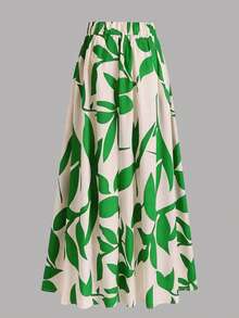 EARO Falda de línea A de cintura alta con estampado floral para mujer, falda de vacaciones de verano primaveral - Verde hierba - Ver 3