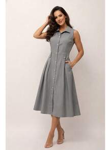 Women's Midi Dress, Loose Fit, Elegant Louis Twill Fabric, Buttons Down The Front With Pocket. - Xám - Xem 1