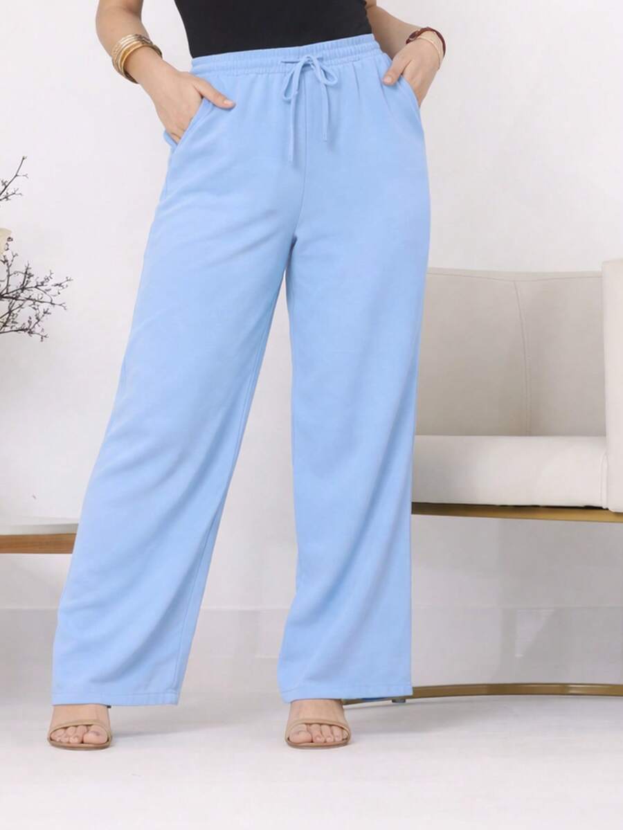 Wide-Leg, Loose-Fitting, High-Waisted Pants In Duna Fabric With Elastic Waistband And Pockets. - Baby Blue - View 1