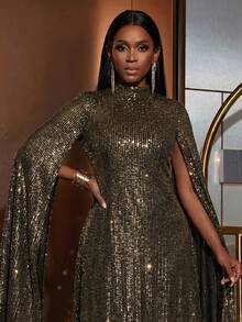 Faeriesty 优雅女士高领亮片披肩袖金属条纹闪光迷你派对鸡尾酒连衣裙，适合婚礼宾客、夜间外出等场合 - 黑色 - 查看 5