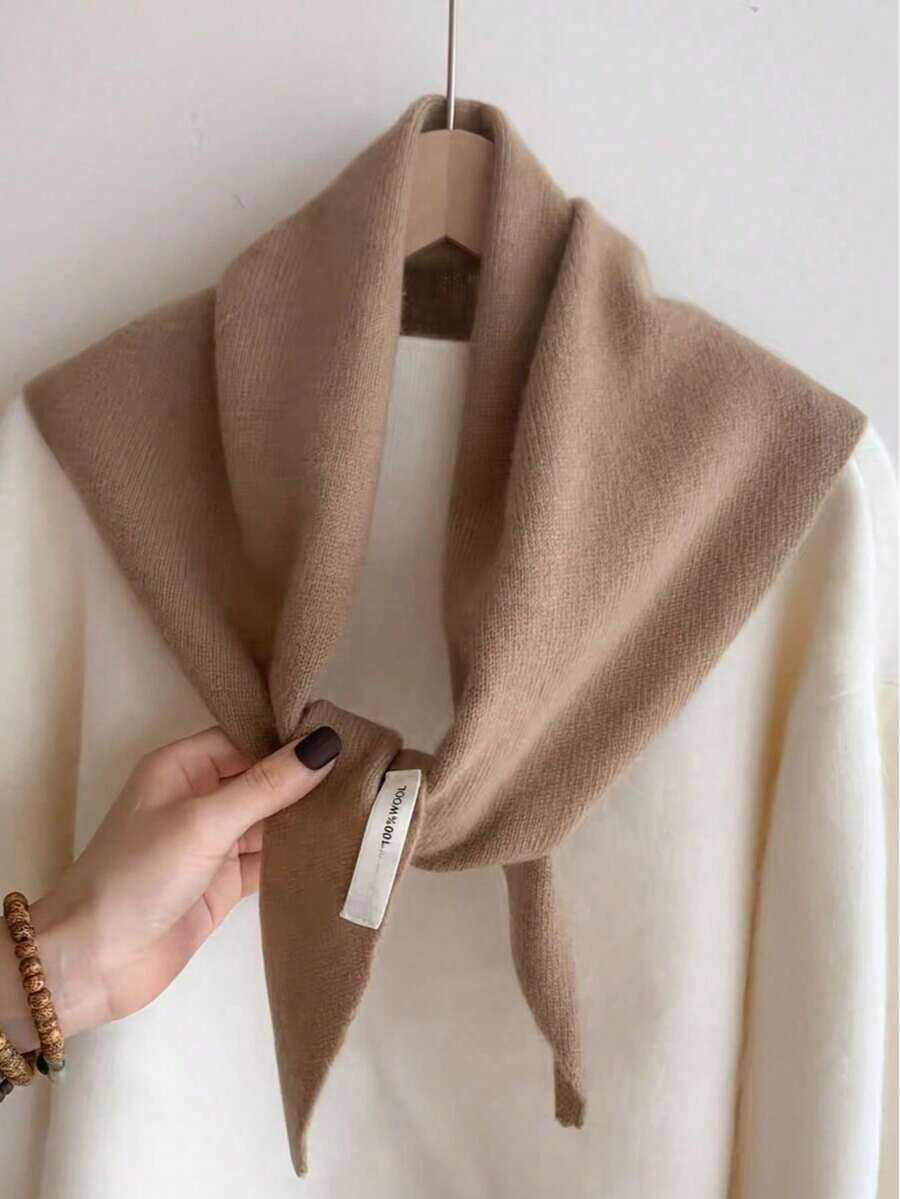 100% Wool Knitted Triangle Scarf/Shawl For Women, Warm Neck Wrap, Multi-Functional Versatile Small Scarf, Autumn/Winter - Khaki - View 1