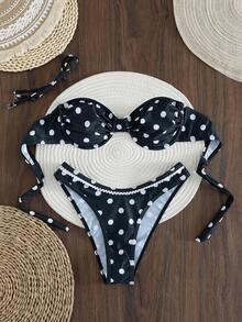 Bộ bikini mùa hè gợi cảm 2 món - Áo tam giác chấm bi màu tím đậm và quần bikini buộc dây bên hông có bèo nhún | Đồ bơi đi biển cho nữ - màu đen - Xem 3