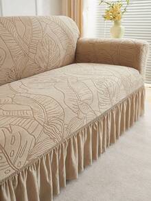 1pc Jacquard Leaf Pattern Ruffled Elastic Sofa Cover, Dust-Proof And Dirt-Resistant, Stretch-To-Fit Full Coverage Sofa Protector, Home Decor, Machine Washable, Pillow Cover Not Included - Khaki - View 5