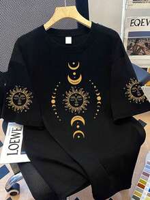 Plus Size Women's Sun And Moon Pattern Round Neck Short Sleeve Casual T-Shirt, Suitable For Summer Vacation, Mother's Day Gift; Gift For Mom. Suitable For Daily Wear, Outing, Festivals, Beach, Party, Birthday, Beach, Gathering, School, Music Festival - Black - View 1