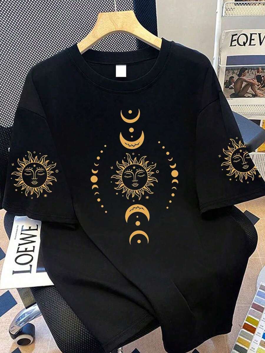 Plus Size Women's Sun And Moon Pattern Round Neck Short Sleeve Casual T-Shirt, Suitable For Summer Vacation, Mother's Day Gift; Gift For Mom. Suitable For Daily Wear, Outing, Festivals, Beach, Party, Birthday, Beach, Gathering, School, Music Festival - Black - View 1