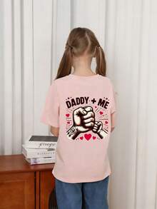 Young Girl Casual Graphic Print Crew Neck Short Sleeve T-Shirt, Summer Top - Pink - View 3