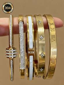 Znice New Fashion Stainless Steel High Quality Flower Shiny Women's Bangle Nail Bracelet Jewelry Set, Suitable For Women's Daily Wear - Gold - View 2