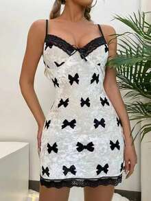 Velvet Bow Slip Dress, V-Neck Lace Nightgown, Women's Spring/Summer/Autumn Sleepwear - White - View 4