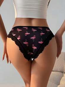 性感蕾丝冰丝拼接三角内裤低腰无痕女士三角裤火烈鸟印花舒适内衣浪漫情趣内衣 - 黑色 - 查看 4