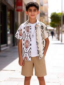 Tween Boys' Casual Outdoor Loose Plaid Print Shirt Set, Summer Holiday Style - Khaki - View 1