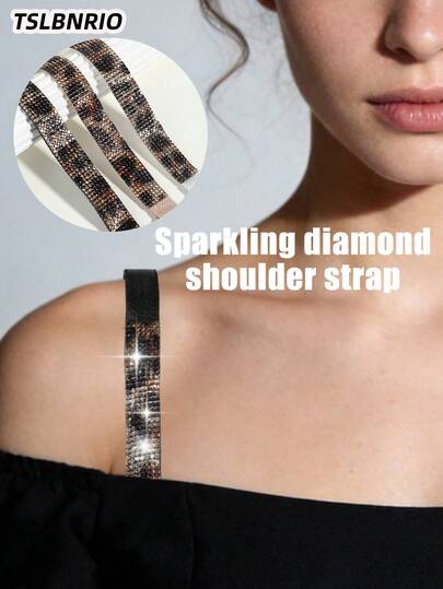 Fashionable Leopard Print Rhinestone Bra Straps, Metal Buckle Anti-Slip Anti-Fall, High Elastic Thickened Skin-Friendly Breathable, No Shoulder Digging No Shoulder Falling Off, Seamless Invisible Non-Bulging, Suitable For Dates, Parties, Commuting, Spaghetti Strap Dresses, Strapless, Wedding Gowns