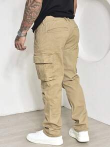Calças Cargo Masculino Sarja Casuais com Multi-Bolsos Com Lycra - Marrom Claro - Visão 7