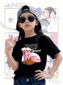 blusas para niñas Camiseta infantil con botas de mezclilla rosa para niñas, tacto suave, ajuste holgado, cómodo, estilo moderno, estilo de dibujos animados Adecuado para uso casual al aire libre en verano - Negro - Ver 6