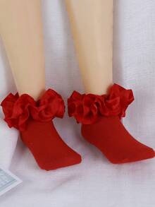 1 Pair Cotton Baby Girls' Socks With Big Lace Ruffle Trim, Princess & Ballet Dance Socks - Red - View 3