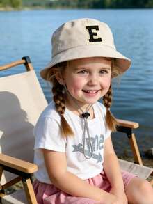 1顶幼儿字母印花渔夫帽，可调节休闲帽，适合男孩女孩，旅行和海滩穿着 - 米色 - 查看 5