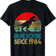 Vintage Birthday Dinosaur Awesome Since 1984 Retro Bday T-Shirt - 黑色 - 查看 1