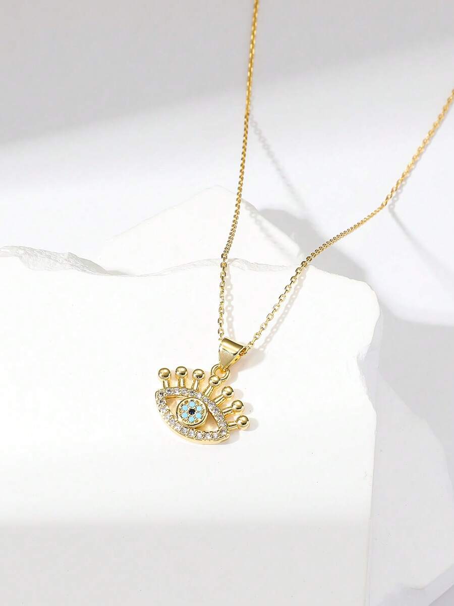 1pc Sparkling Cubic Zirconia Devil's Eye Pendant Necklace, Suitable For Women, Couples, Daily Wear, Music Festivals - Multicolor - View 1