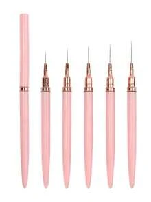 5-Pcs Nail Line Brush Set Slender Line Stripe Paintbrush UV Gel Painting Nail Design Pen Professional Nail Tools,Suitable For Nail Art Starter Manicure Salon Home DIY For Girls Women - Màu hồng nhạt - Xem 3