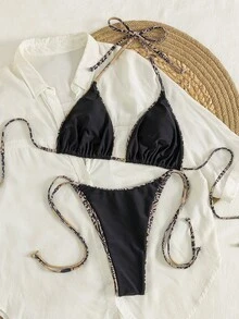 Summer Leopard Print Spaghetti Strap Sexy Tie-Up Bikini Set, Suitable For Beach Vacation - Black Leopard Print - View 4