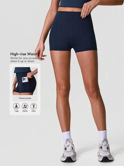 Sodalemon Women's Solid Color Elastic Casual Outdoor Yoga Sports Shorts With Side Pockets, Butt Lifting