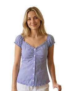 Women's Summer Sweetheart Neck Tops Short Sleeve Solid Color/Striped  Ruched T-Shirt - Blue - View 6