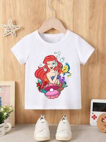 Disney Baby Girl T-Shirt Features A Disney Princess Ariel Cartoon Print Design Made From Breathable, Soft, And Comfortable Fabric Spring/Summer Style Infant And Toddler T-Shirt Perfect For Everyday Wear, Outings, And As A Gift For Babies And Children - trắng - Xem 2