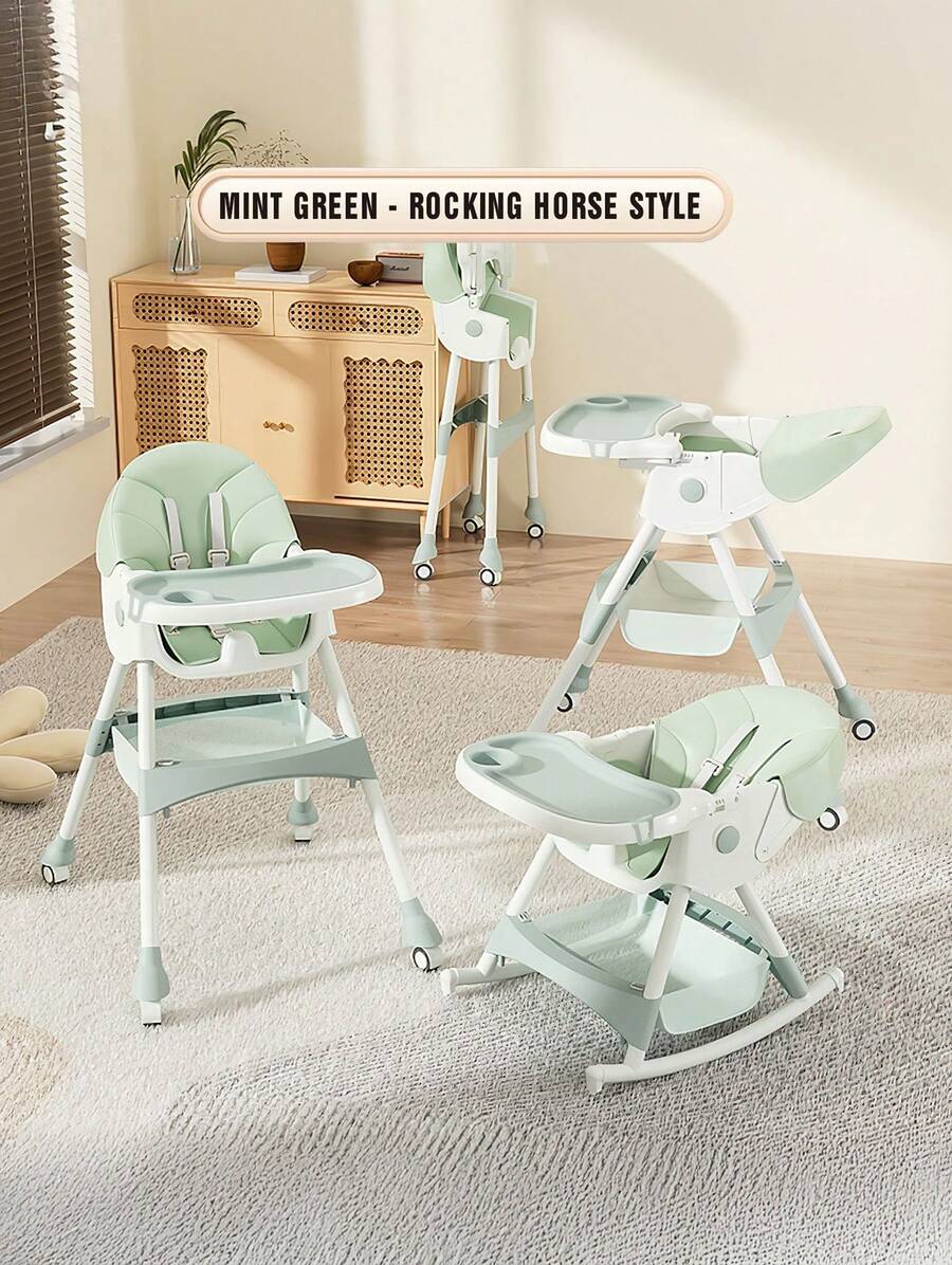 Baby High Chair, Height Adjustable Convertible High Chair/Rocking Chair, With Detachable Tray Style Seat Belt Footstool And Leather Seat Cushion, Suitable For Infants Aged 6-36 Months - 綠色 - 查看 1