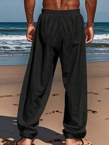 Lightweight And Breathable Men's Trousers In A Solid Color, With Pockets, Offering A Relaxed Fit For Comfortable Wear At The Beach During The Spring And Summer Seasons. - Black - View 2