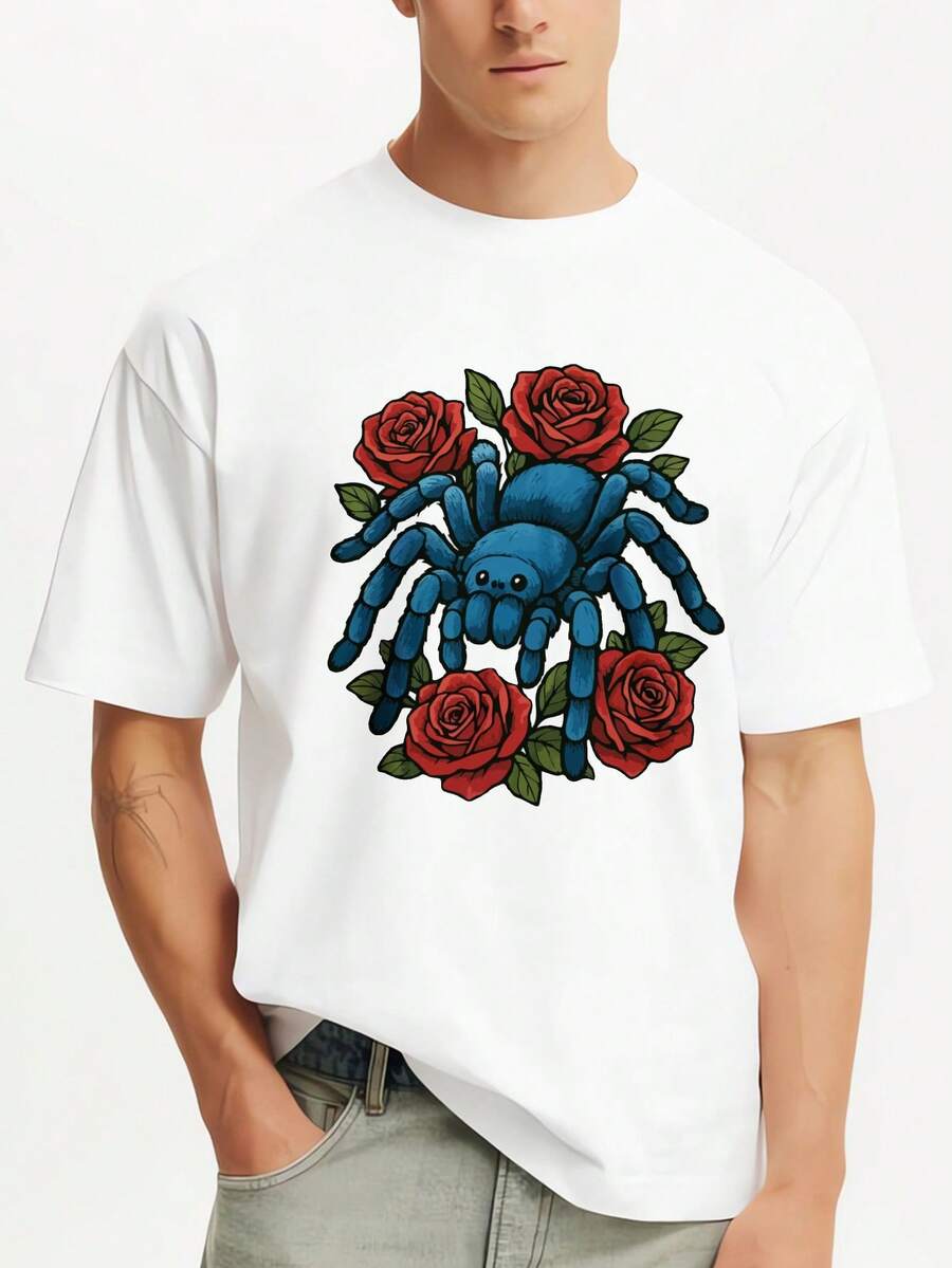 Blue Spider And Red Roses Printed Premium T-Shirts Mens Summer Short Sleeve Tees Casual Tops - White - View 1