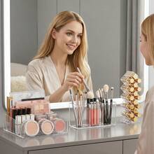 3pcs Transparent Acrylic Makeup Organizer, Space-Saving Eyeshadow Palette, Lipstick, Eyebrow Pencil, Brush Holder Countertop Cosmetic Storage Box - Multicolor - View 3