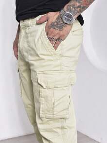 Calças Cargo Masculino Sarja Casuais com Multi-Bolsos Com Lycra - Amarelo mostarda - Visão 5