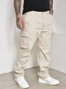 Calças Cargo Masculino Sarja Casuais com Multi-Bolsos Com Lycra - Bege - Visão 3