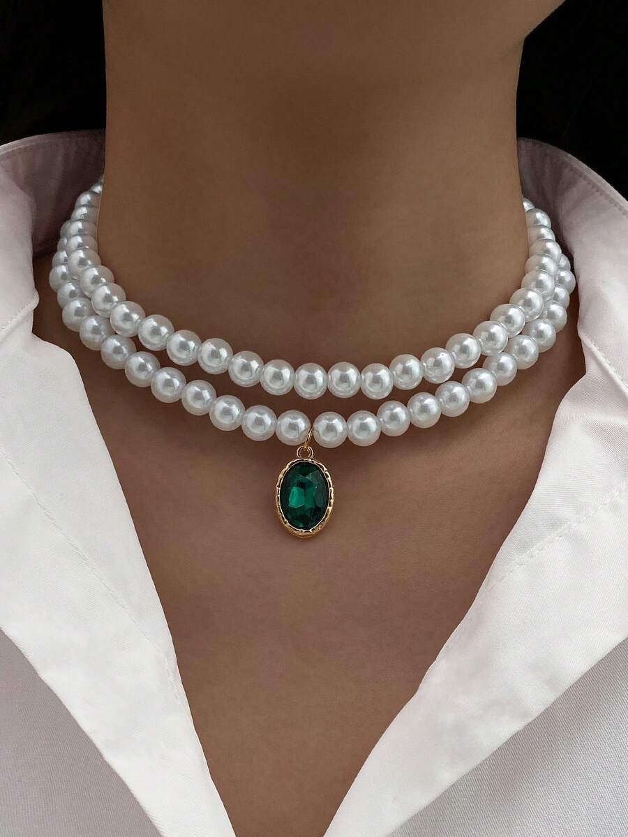 2件套优雅复古奢华时尚金属双层祖母绿宝石珍珠项链，2026年流行热销个性化高端设计颈链 - 金黃色 - 查看 1