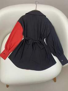 女士度假风撞色休闲复古宽松单排扣金属装饰（含腰带）时尚上衣，春夏款 - 紅色 - 查看 3