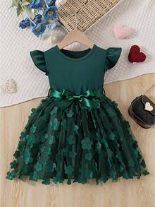 Girls' Deep Green Princess Dress, 3D Floral Mesh Tulle Skirt, Cinched Waist, Birthday Party Dress - Green - View 1