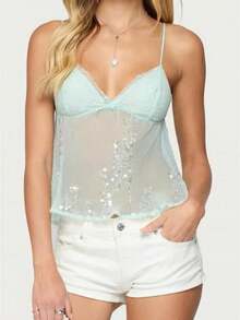 Women Camisole, Sleeveless Tops V-Neck Sequins See-Through Summer Vest For Party Club - Green - View 1