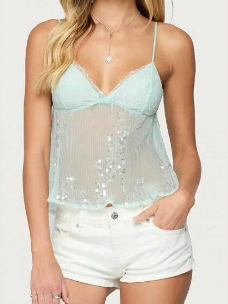 Women Camisole, Sleeveless Tops V-Neck Sequins See-Through Summer Vest For Party Club - Green - View 1