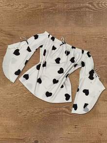 女士度假穿搭，女士夏季穿搭，时尚百搭优雅露肩长袖日常上衣 - 黑與白 - 查看 3